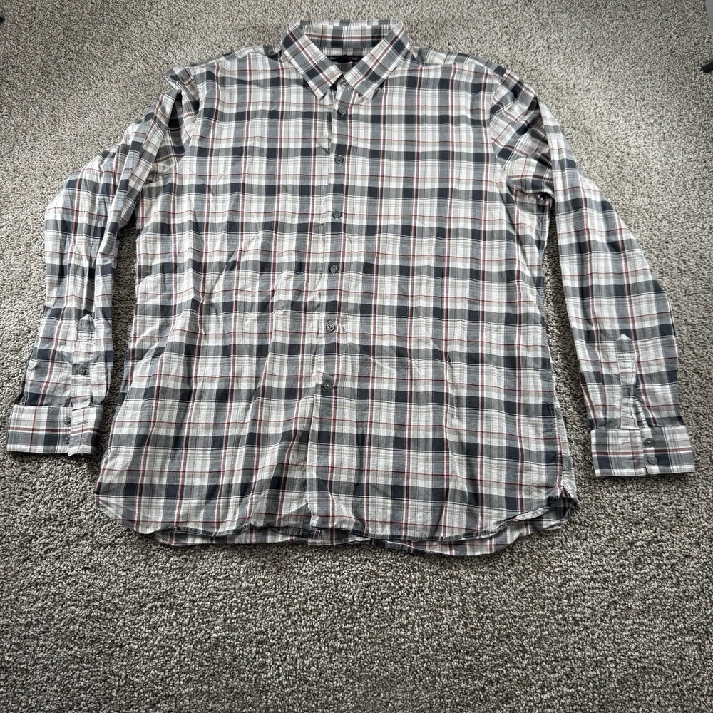 John Varvatos USA Shirt Mens XXL Red Gray Plaid Long Sleeve Button Up Preppy